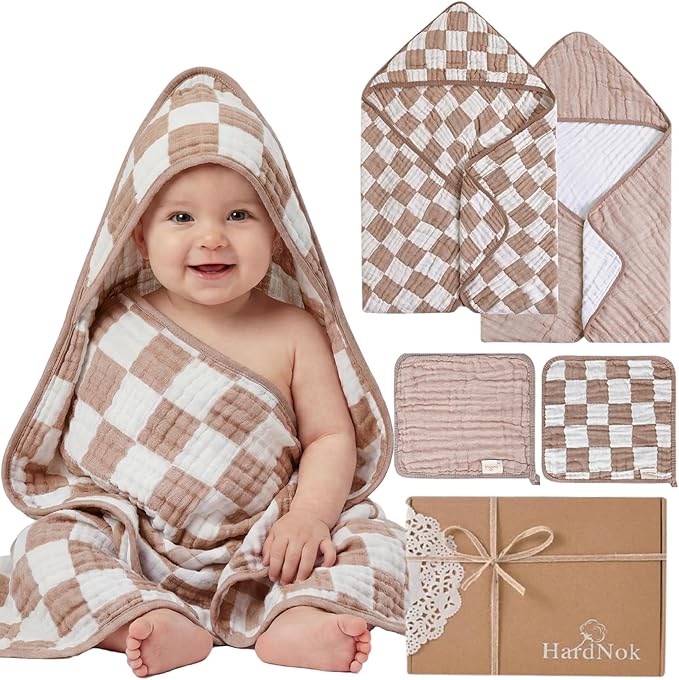 4-Pc Ultra-Soft Muslin Baby Towel Set - Bath & Beach, (Coffee Checkered, 32“x32)