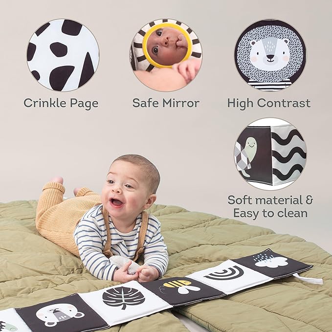Taf Toys Newborn Soft Activity Book Black & White High Contrast Baby Book Infant Sensory Toys Tummy Time Soft Cloth Books for Babies Textured Fabric Crinkling Shapes Patterns 0-12 Months Newborn Toys