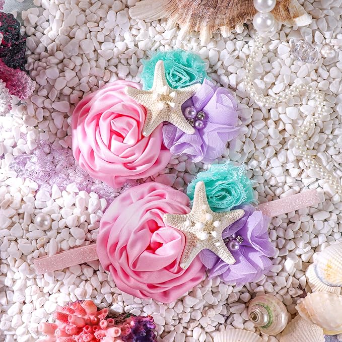 YanJie Baby Girls Mermaid Headband, Glitter Hair Clip, and Starfish Hair Bow Set - Aqua Lavender Newborn Mermaid Party Gift Accessories