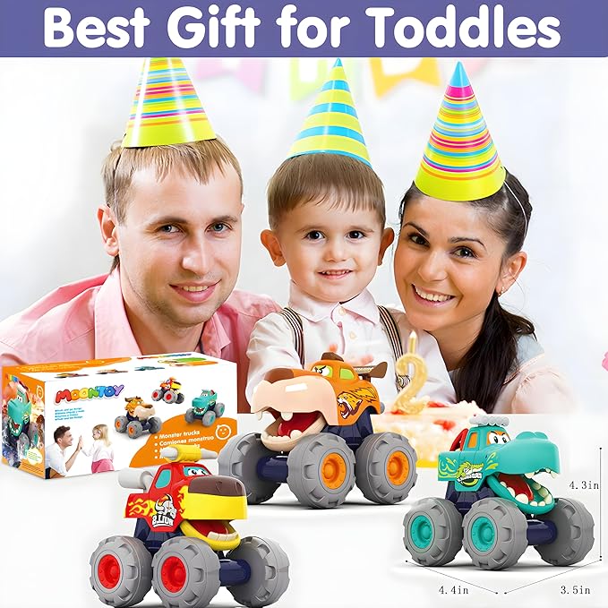 MOONTOY Toy Cars for Toddlers 1-3, 3 Pack Monster Truck Toys for 1 2 3 Year Old Boy Gifts, Baby Animal Play Vehicle Push Pull Back Truck for 12-18 Months 2-4 0-2 1-2 One Year Old Boy 1st Birthday Gift