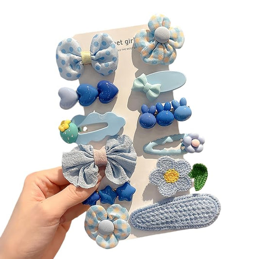 (12 Pcs) Super Cute Lovely Warm Autumn Winter Spring Theme Kid's Hairpin Flower Floral Bear Bowknot Hair Clips Hair Decoration Women Girls Salon Hairstyle Hairdressing Grip -Blue