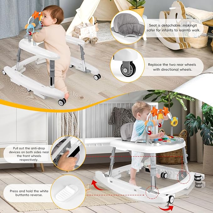 5 in 1 Baby Walker Foldable Music and Lights with 5 Adjustable Heights, Baby Walker with Wheels Portable, Infant Toddler Walker for Baby Boy Girls 6-18 Months (White)