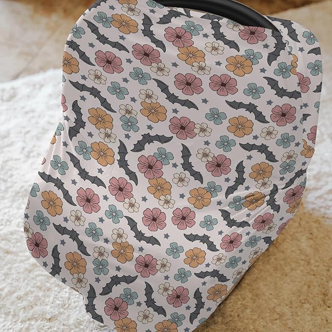 Boho Floral Halloween Bats Baby Car Seat Covers Vintage Fall Autumn Flowers Stretchy 5-in-1 Cover Adjustable Infant Carseat Canopy Cover Spooky Gothic Breathable Nursing Cover-Up
