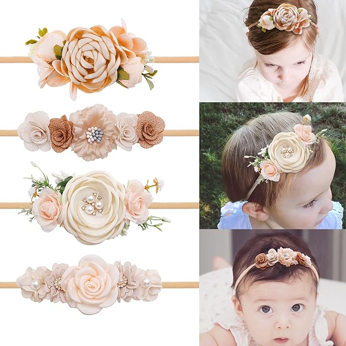 Baby Girl Flower Headband 4 PCS Elastic Hairbands Handmade Nylon Bows Headbands Chic Floral Hair Accessories Kids Gifts for Newborn Infant Toddlers
