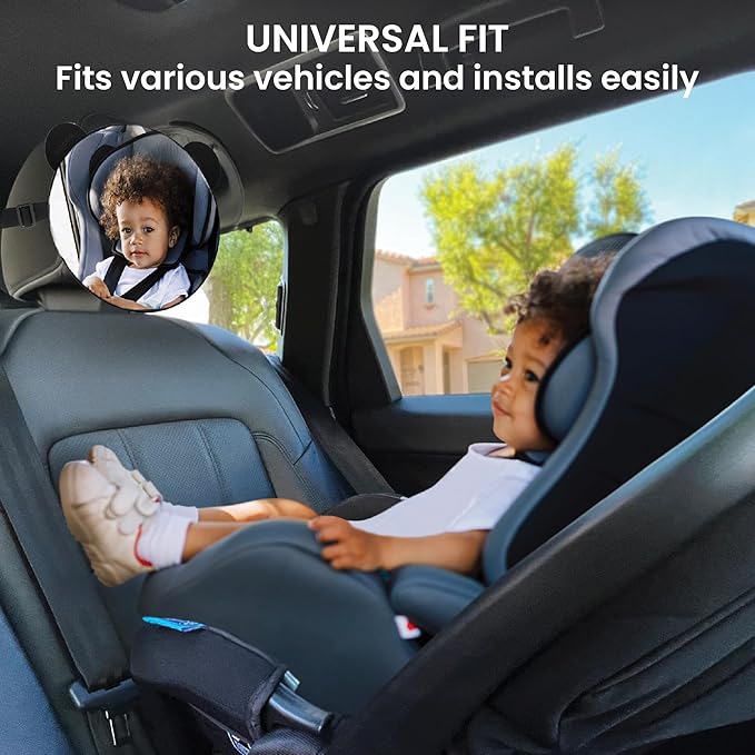 Lulyboo Baby Car Seat Mirror with Wide View, Crystal-Clear Reflection, Adjustable, Lightweight & Shatterproof, Easy Install, Secure Fit, Charming Bear Design for Safe Monitoring