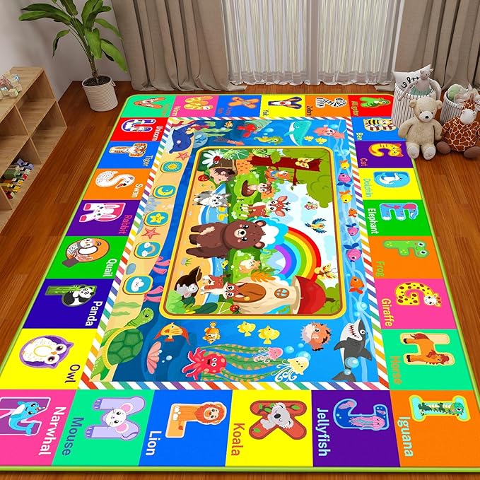 Baby Play Mat for Floor, ABC Kids Rugs for Playroom, Forest Animals Kids Play Mat for Bedroom Classroom, Educational Rug for Baby Toddler Kid (Green, 110.2X78.7 INCH)