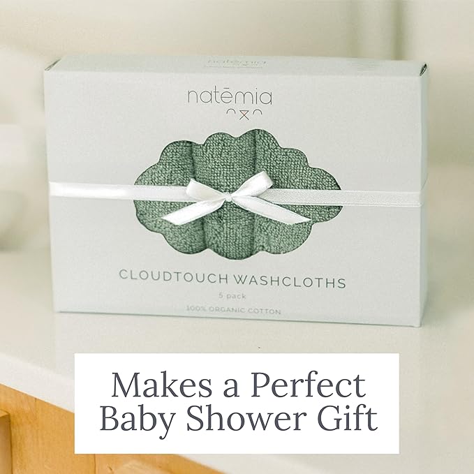 Natemia Organic Baby Washcloths (5 Pack, 12” x 12”) – 100% Organic Cotton – Ultra-Soft Baby Towels for Sensitive Skin – Newborn, Boys & Girls – Bathtime Wash Cloths, Baby Registry Must-Have (White)