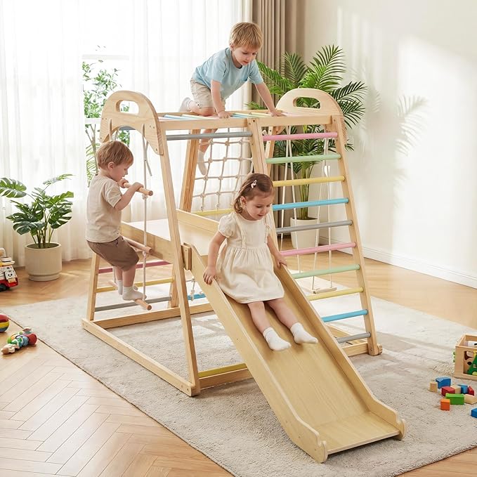 OLAKIDS Indoor Jungle Gym, 8 in 1 Wooden Montessori Toddler Climbing Toys with Adjustable Ramp Swing Slide, Monkey Bar Rope Ladder Waiting Area (Colorful)