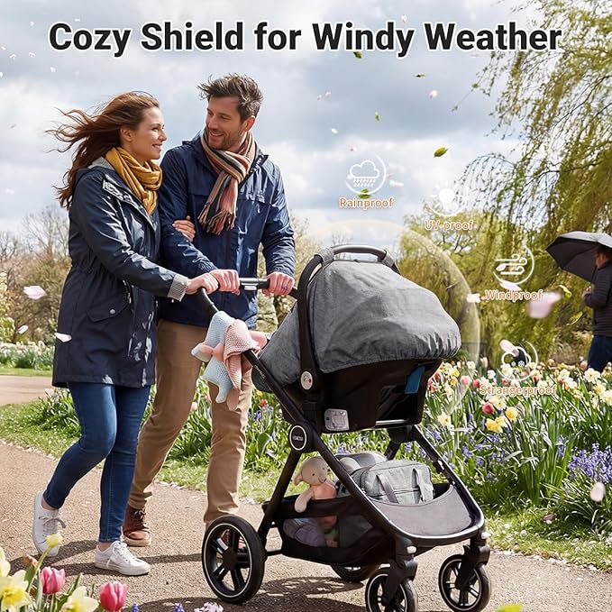 Rquite Car Seat Cover Baby, Carseat Covers Boy Girl, 2 Layers Window -Breathable Mesh & Wind/Sun Shade, Infant Car Seat Canopy Baby Carrier/Stroller Cover, Fit Spring, Fall, Winter, Cold Weather