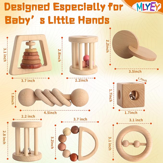 Wooden Baby Toy 8pcs, Montessori Toys for Babies 1-3 Years Old, Wooden Rattles Toy Set for Infant Grasping, Sensory Development, Gift for Baby Boys Girls (Natural Wood)
