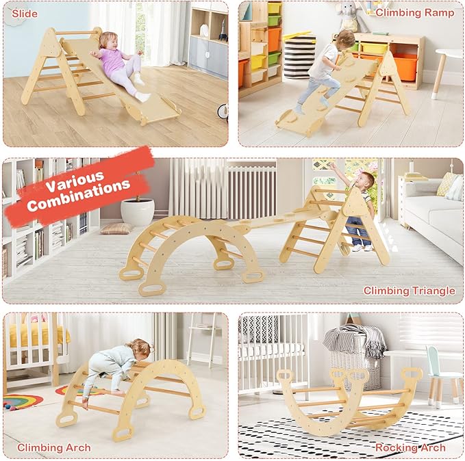 HONEY JOY 5 in 1 Wooden Climbing Toys for Toddlers, Triangle Climber with Ramp for Sliding or Climbing, Indoor Beech Montessori Triangle Climbing Arch Set for Daycare, Gym & Playground, Natural