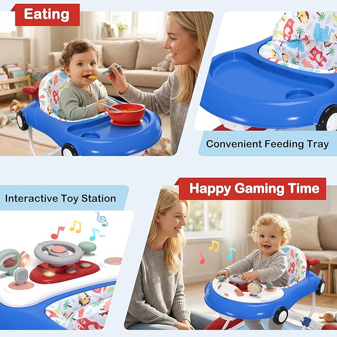5-in-1 Convertible Baby Walker with Steering Wheel Music Activity Center – Infant Rocker, Jumper, Push Walker, Bouncer & Feeding Foldable Walker for Ages 6-18 Months Boys Girls (Red Blue)