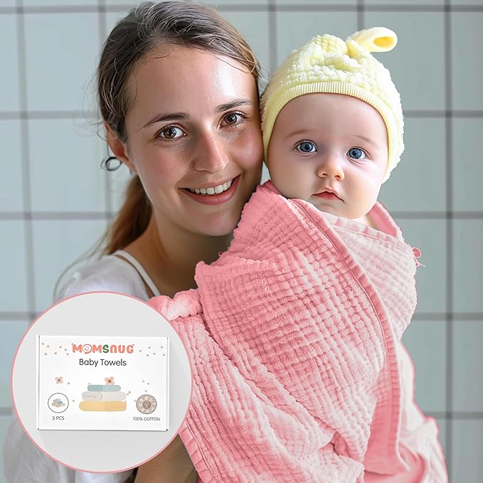 Muslin Bath Towel Baby 3 Pack, Hooded Baby Towels for Girl Boy, Muslin Cotton Baby Bath Towel with Hood for Babies, Infant, Toddler and Kids Newborn Essential (35 X 35 Inch) (Rose + Grey + Apricot)