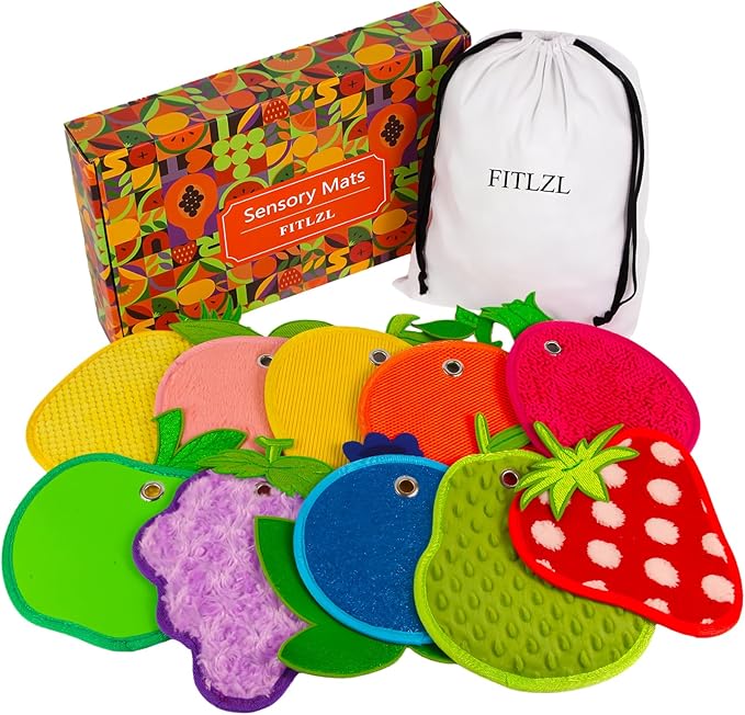 Sensory Mats, Fruit Shaped, Assorted Textured Sensory Tiles for Kids and Autistic Children, Sensory Toys for Tactile Play and Multi Sensory Exploration, Sensory Wall and Floor Panels, 10 Piece.