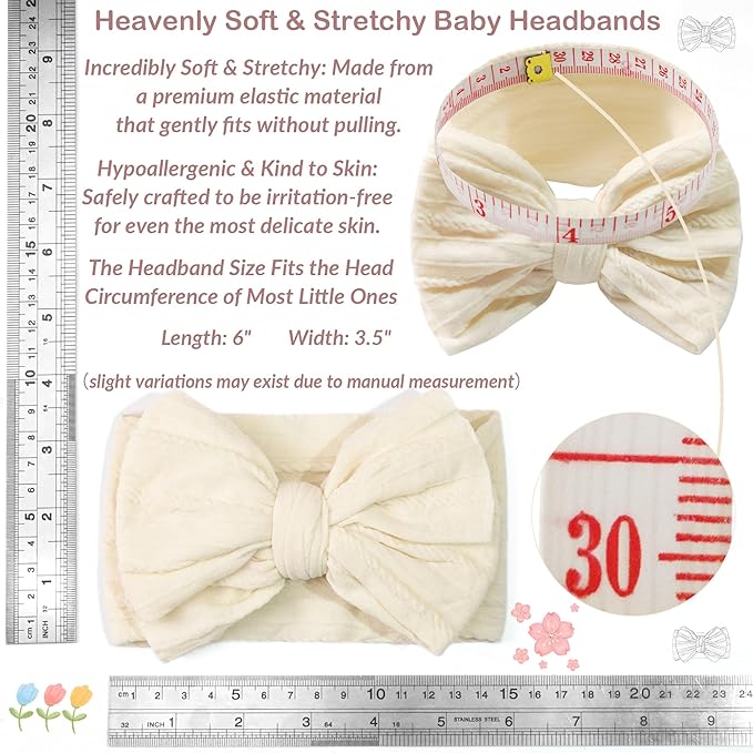 JOYOYO 3 Pcs Soft Wide Turban Baby Headbands with Double-Layer Bow for Baby Girls, Newborns, Toddlers(White, Beige, Black)