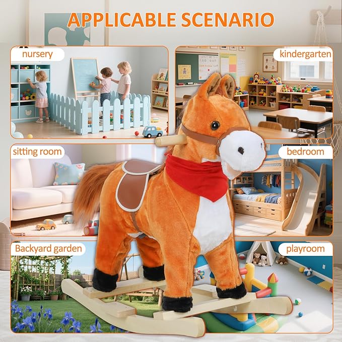 Rocking Horse for Toddlers Ages 1-6, Plush Ride On Toy with Sounds Moving Mouth & Wagging Tail, Interactive Wooden Rocker for Kids, Baby Rocking Chair Toys up to 120kg (Light Brown Small)