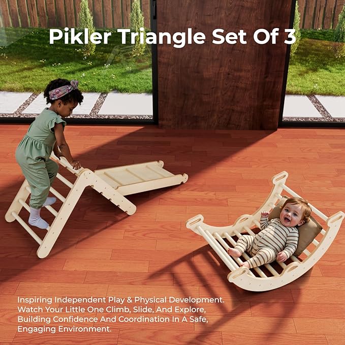 LINKHOO Pikler Triangle Set of 3, Wooden Montessori Climbing Set for Toddlers Ages 2-6, Indoor Jungle Gyms with Arch, Ramp and Ladder, Natural