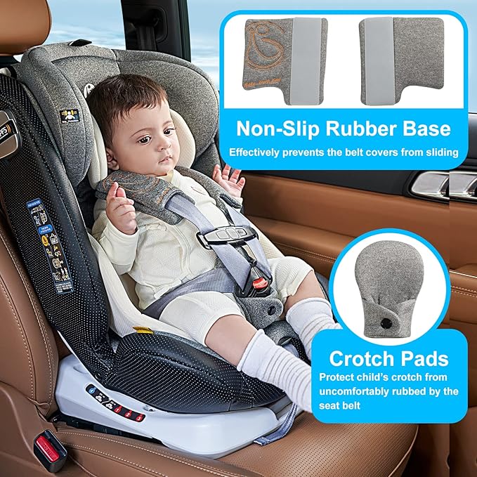 Innokids Car Seat Strap Cover Set for Baby Kids Seat Belt Covers with Crotch Pad Back Anti-Slip Design for Car Seats Pushchair Stroller (Medium (5.9”L), Gray)