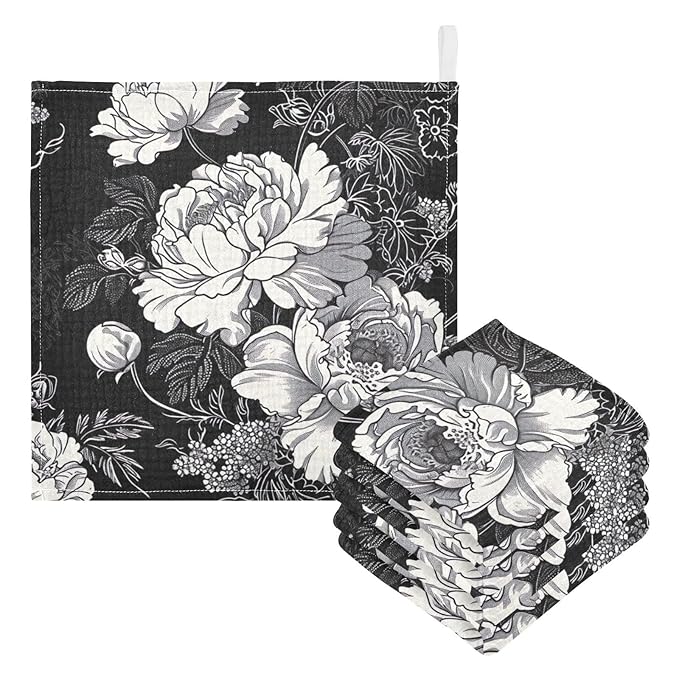 White Flowers Black Baby Washcloths - 5 Pack Muslin Cotton Face Towels for Baby Newborn Girls and Boys - Soft and Absorbent - 11.8 Inch