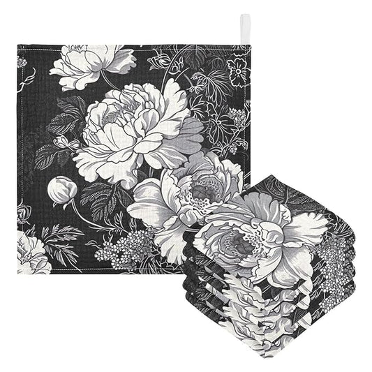 White Flowers Black Baby Washcloths - 5 Pack Muslin Cotton Face Towels for Baby Newborn Girls and Boys - Soft and Absorbent - 11.8 Inch