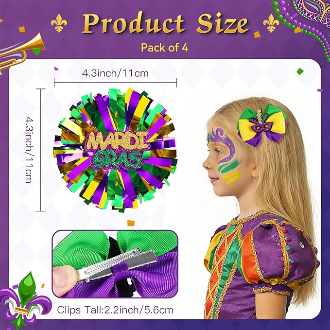 CN 4 PCS Mardi Gras Hair Bows for Girls, Purple Yellow Green Hair Clips Glitter Grosgrain Ribbon Bows with Alligator Clips,Mardi Gras Hair Accessories with Mask for Toddler Kids Teens Parade
