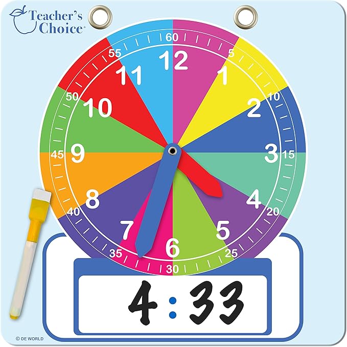 Teacher's Choice Writable Dry Erase Learning Clock | Large 12" Demonstration Teaching Time Practice Clock with Dry Erase Writing Surface | Marker Included | (Rainbow)
