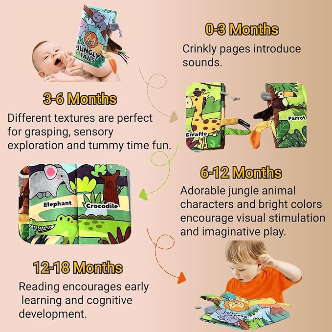 Soft Baby Books, Tummy Time Cloth Travel Toys 0-6 Months Touch Feel Sensory Book Jungle Tails for Babies Girl 3-6 6 to 12 Month Old 0-3-4-5-6-7-8-9 Newborn Infant Boy Must Haves Birthday Gift