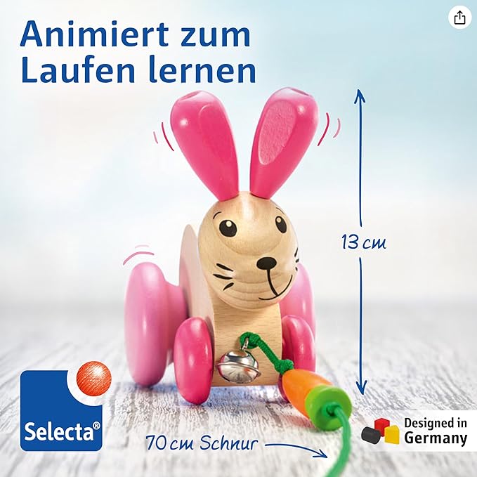 Selecta 62023 Hannah Hoppel Rabbit Pulling Toy on Wheels, Wood, 13 cm