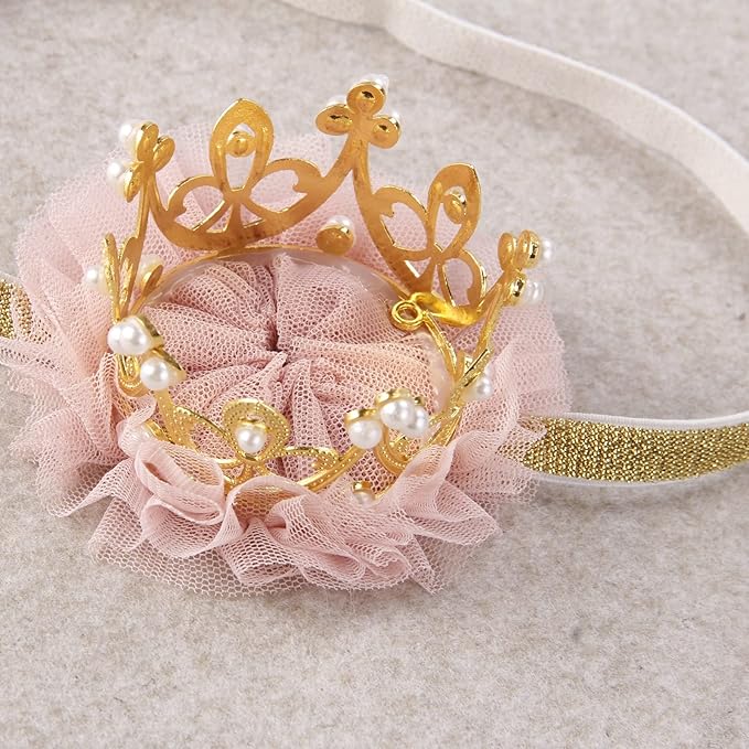 Nishine Princess Toddler Girls Crown Tiaras Baby Elastic Birthday Party Crown Headband Photo Props Gift (Pear&Gold)
