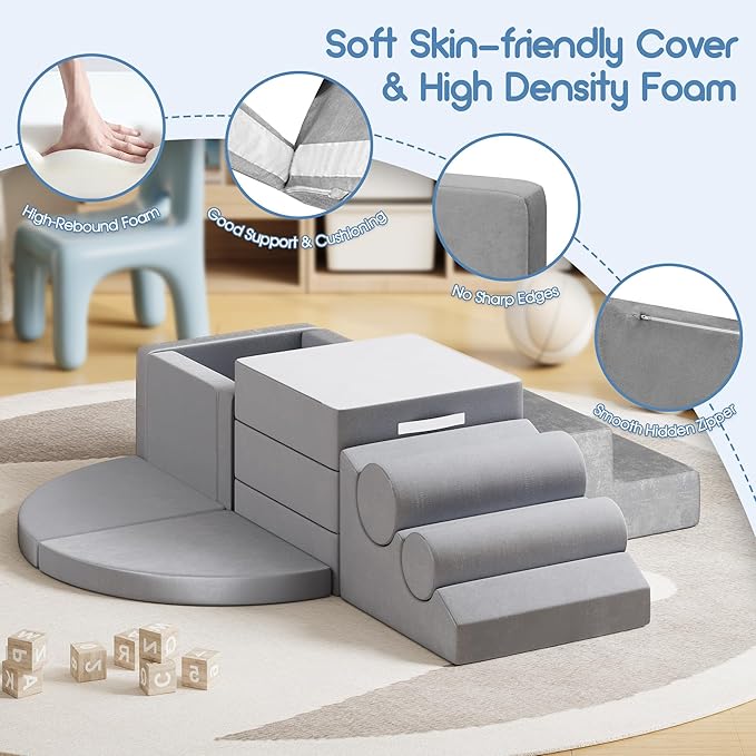 smilesun 12 PCS Foam Climbing Blocks for Toddlers with Ball Pit, Safe Soft Play Gym Set，Baby Kids' Indoor Playground Foam Blocks for Crawling, Climbing Motor Skills Development（Gray）