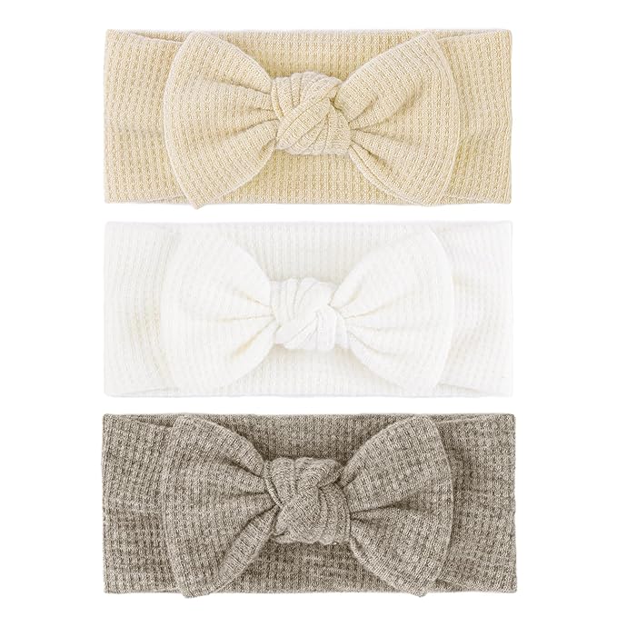 4" Baby Girls Hairband with Bows - 3Pcs Gray White Beige (Handmade Soft Headwraps Baby Hair Accessories for Infant Toddler)