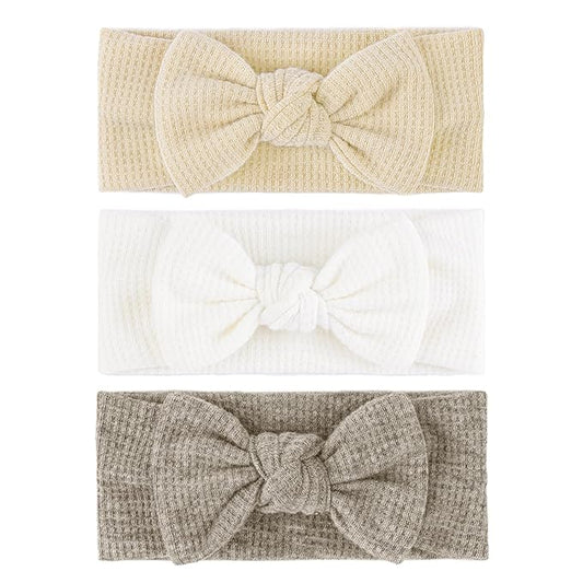 4" Baby Girls Hairband with Bows - 3Pcs Gray White Beige (Handmade Soft Headwraps Baby Hair Accessories for Infant Toddler)