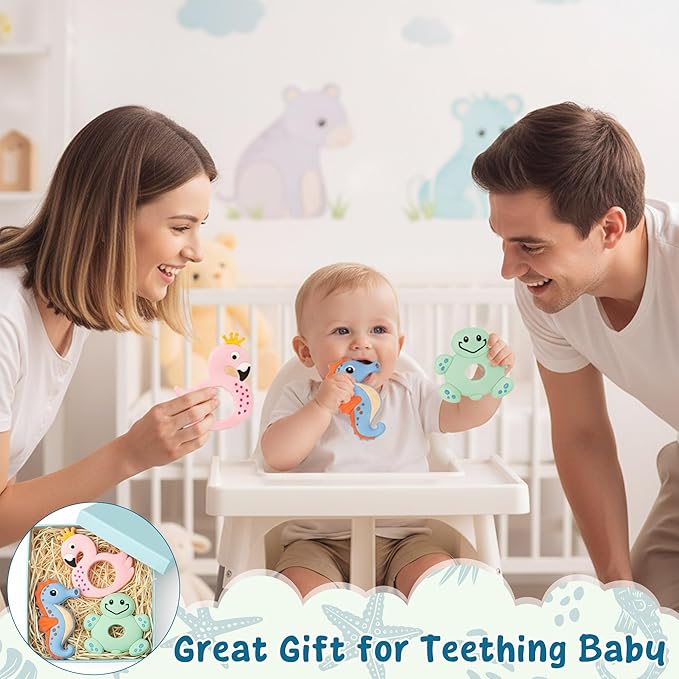 Silicone Teething Toy for Babies - 2ooya 3Pcs Summer Ocean Animal Themed Soft Teether, Infant BPA Free Sore Gums Pain Teething Relief Chew Toy Gift for Toddler Newborn 6-12 Months Baby Shower Birthday