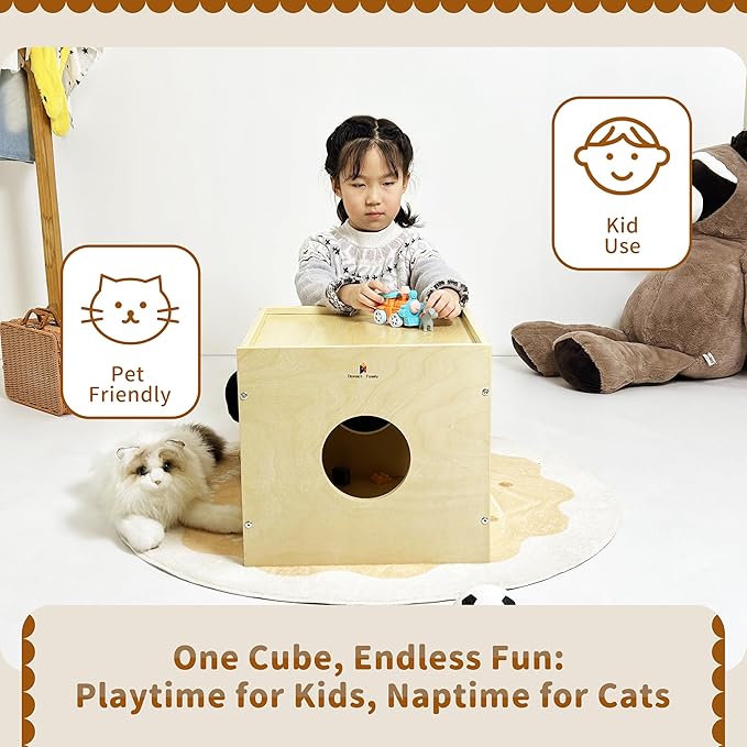 Damoch Family® Wisdom Play Cube – Montessori 5-in-1 Kids Play & Activity Table, Play Cube and Activity Center, Toy Box Storage Organizer, Building Blocks & Base Plate, Bedside Table & Cat Hideout