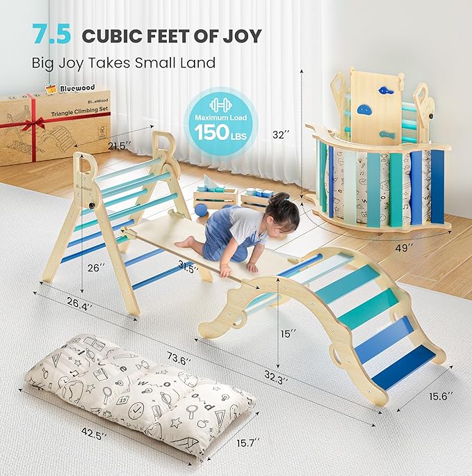 BlueWood Pikler Triangle Set with Cushion, 8-in-1 Climbing Toys for Toddlers, Montessori Philosophy Play Jungle Gym with Arch, Ramp, Ladder(Sky Blue)