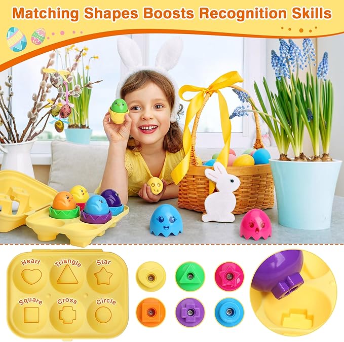 MOONTOY Toddler Toys Matching Egg Set for Toddlers 1-3 Years Learning Montessori Educational Color, Shapes, Sorting Recognition Skills Puzzle Matching Games Easter Basket Stuffers for Baby Boy Girl
