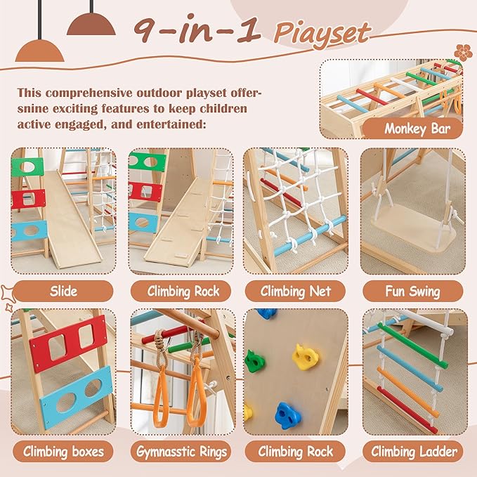 ZMAD Ladder Wall Gym & Climber – Featuring a Rock Climbing Wall, Wooden Swings, Gymnastic Rings, Rope Ladders, and Stretching Equipment for Indoor Playground for Toddlers & Children (9-in-1)