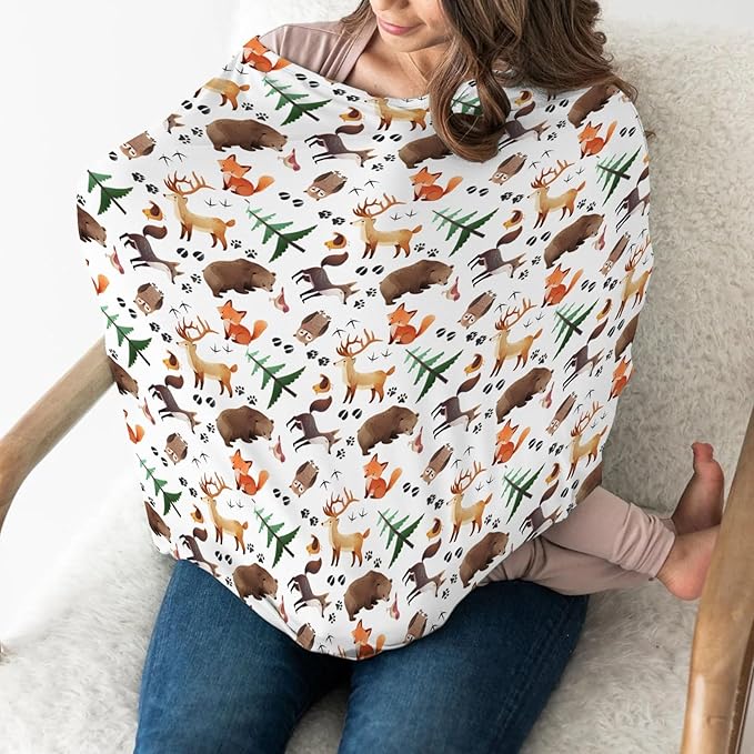 Cute Animals Baby Car Seat Covers Animal Tracks Bear Raccoon Moose Wolf Owl Fox Stretchy 5-in-1 Cover Adjustable Infant Carseat Canopy Cover Cartoon Forest Animal Breathable Nursing Cover-Up