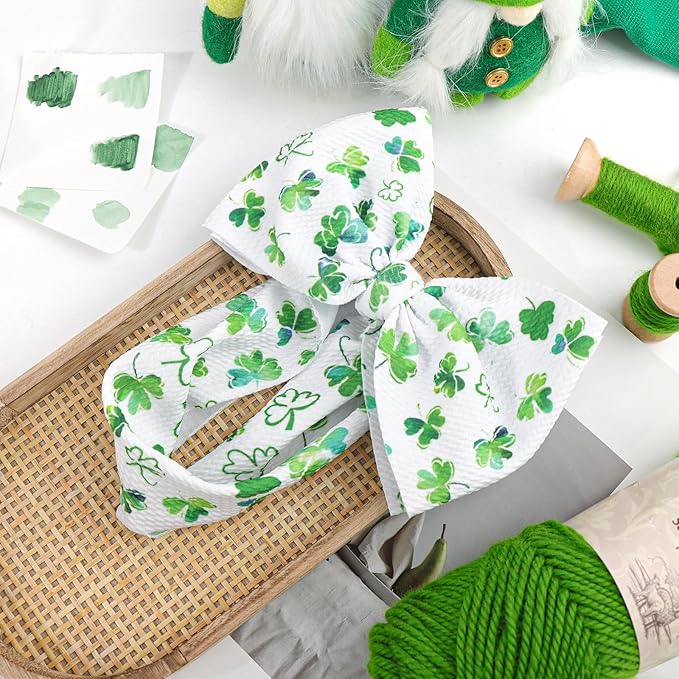 7” Large St Patricks Day Baby Bows Green Shamrock Clover Headbands for Girl Infant White Leaves Tied Bows Hairband St Patricks Hair Accessories Gift