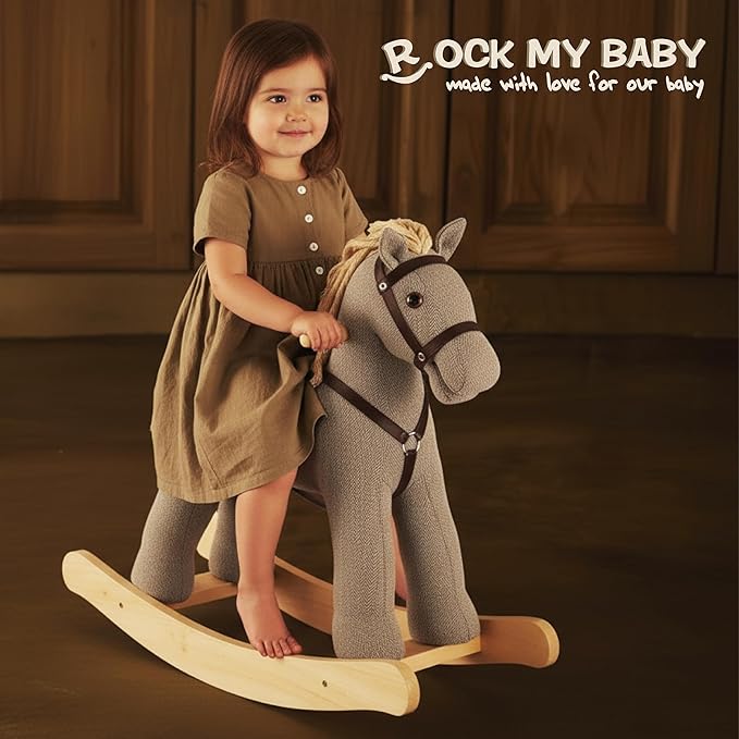 Rock My Baby Rocking Horse, Gray Wooden Rocking Toy, Rocking Animals for Children 2-6 Years Old, Ride on Pony with Realistic Sound, CPC Certified