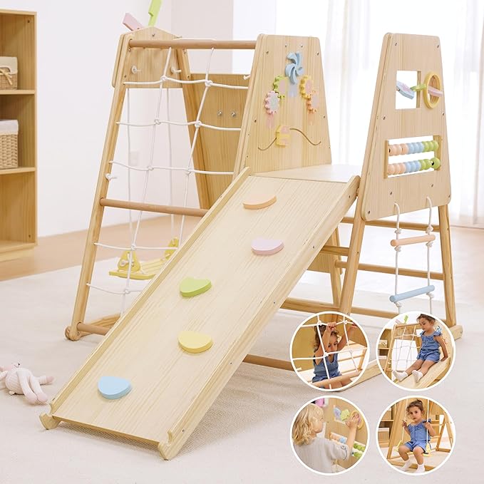 Avenlur Cherry 5-in-1 Wooden Indoor Climber – Montessori Toddler Play Gym with Slide, Rock Wall, Rope Ladder, Sensory Panel & Swing – Indoor Playground for Kids Ages 18 Months to 5 Years