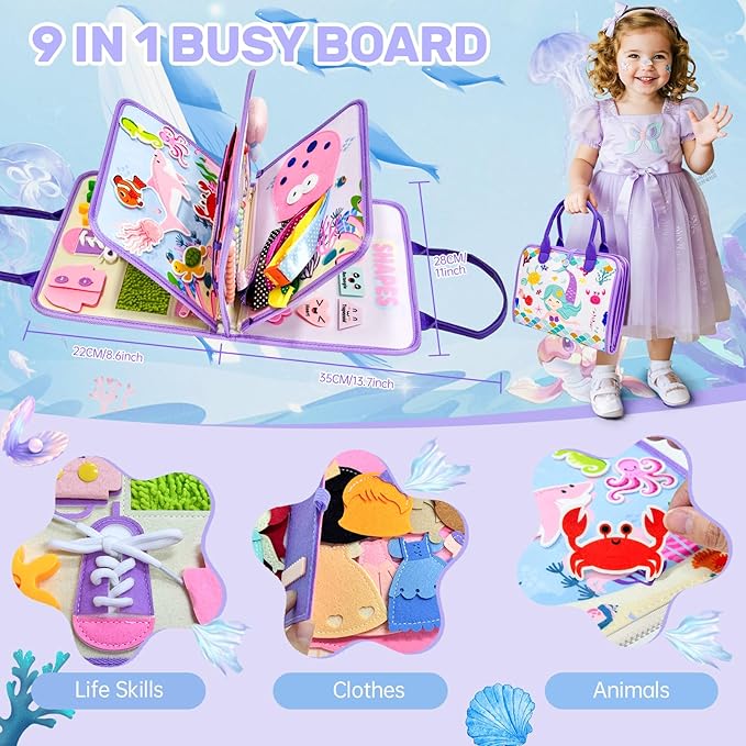 Aurasys Toddler Busy Board Montessori Toys for Girls Birthday Gift, Sensory Busy Book Educational Learning Activity Board for Toddler Girls, Travel Activities Toys for Airplane Car