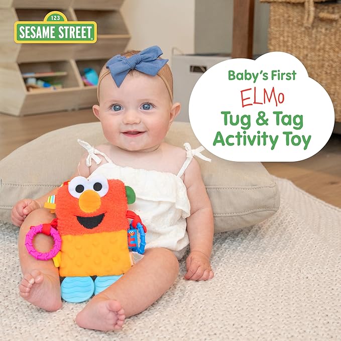 Kids Preferred Sesame Street Elmo Tug & Tag Plush Sensory Toy for Newborns