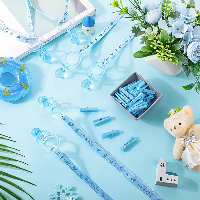 Coume 48 Sets Baby Shower Pacifiers Necklace with Mini Clothes Pins Acrylic Pacifier Bulk Newborn Party Favors for Women Men Baby Shower Decorations Gender Reveal Party Supplies(Blue)