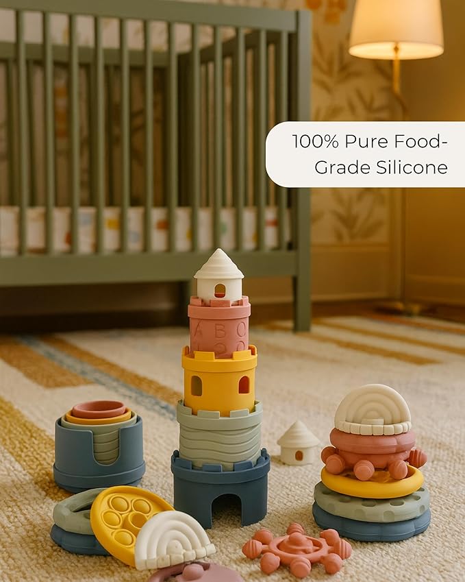 Hippypotamus Stacking Cups - Silicone Baby Stacking Toys - Montessori Soft Nesting Cups for Babies - Castle