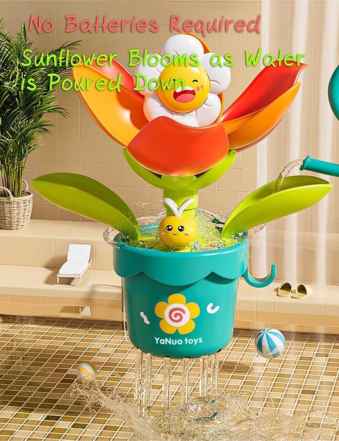 Sprinkler Sunflower Bath Toy, Baby Watering Flowering Toy for Boys and Girls, BPA-Free Tub Water Play Set with Watering Can & Suction Cup, Montessori Bathroom Gift
