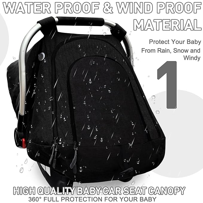 beatoutou Baby Car Seat Cover,Patented Waterproof Baby Car Seat Cover for Boys & Girls,Infant Car Seat Cover Canopy for Girls,Windproof Car Seat Canopy for Boys, Keeps Babies Warm and Cozy (Black)