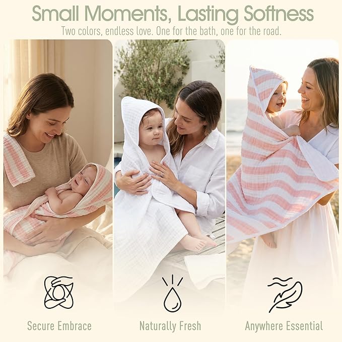 Muslin Hooded Baby Towel 4 Pack, 100% Organic Premium Cotton, (2) 6-Layer 32x32 Bath Towels & (2) Washcloths, Soft Newborn & Infant Gift Set (Pink Stripe & White)