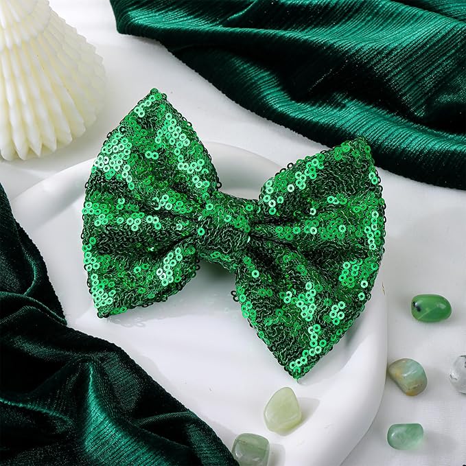 Hair Clip - 5 inches St.Patrick's Day Sequins Large Bow with Alligator Clip - Green - Hair Accessories for Women Teens Babies Toddlers