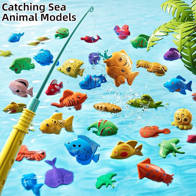 JUKUDAHU Magnet Fishing Game for Kids 3 4 5 6 7 8 Years Old - Pool Bath Toys for Toddlers, Pole Rod Net, Floating Fish Toys, Outdoor Party Toys for Boys Girls Kids Age 3-8 8-12 Year Old